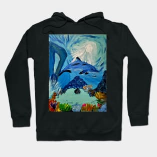 Dolphin underwater with sun breaking through the water Hoodie